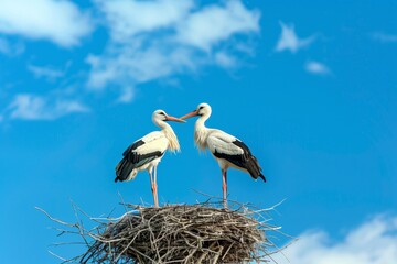 Pair of White Storks in Nest Against Cloudy Sky Background