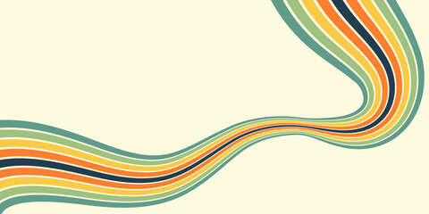 Abstract colorful 70s background vector. Vintage retro wallpaper with rainbow stripes and wavy lines. A 1970 color illustration suitable for posters, banners, decorative items and wall art.