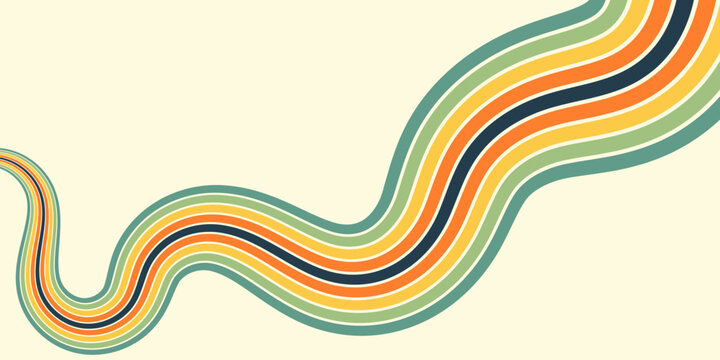 Abstract colorful 70s background vector. Vintage retro wallpaper with rainbow stripes and wavy lines. A 1970 color illustration suitable for posters, banners, decorative items and wall art.