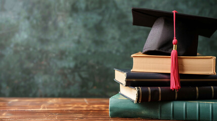 A graduation cap icon atop a stack of books symbolizing academic achievement and success with a mortarboard resting on top of textbooks and study materials - Powered by Adobe