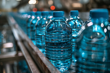 Pure water in 3-5 liter plastic bottles, industrial drinking water bottling line, AI