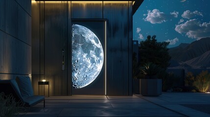 Sleek entrance with a door that projects the current phase of the moon