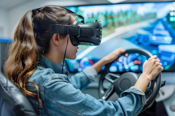 female vr driving school student practicing exam with simulator steering wheel