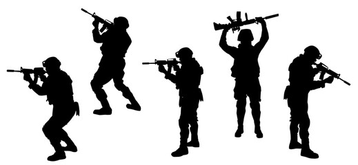 Silhouette of a male soldier carrying machine gun weapon.