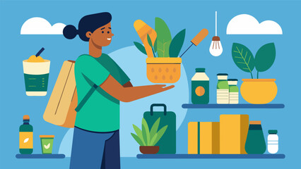 A shopper selecting products made from sustainable materials such as bamboo utensils or beeswax wraps.. Vector illustration