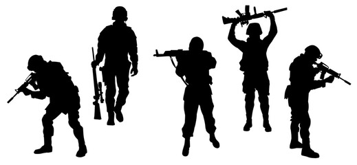 Silhouette of a male soldier carrying machine gun weapon.