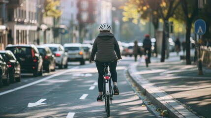 Urban Cycling Lifestyle: Rider on Bike Lane for Eco-Friendly Commute