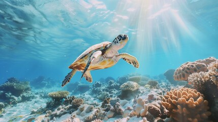 Fototapeta premium Sea Turtle Gliding Over Coral Reef in Sunlit Ocean Waters
