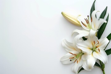 Funeral lily on white background with space for text and memorial service announcement
