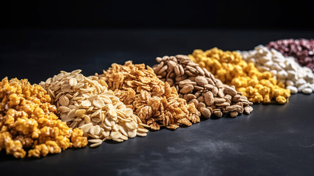 Various breakfast cereals, whole grain cereals, diet healthy food, black background isolate. AI generated.