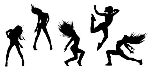 Silhouette collection of female dancer in action pose. Silhouette of slim energetic woman performing dance move.