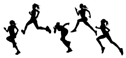 Silhouette collection of sporty female runner in action pose. Silhouette collection of woman in running pose.
