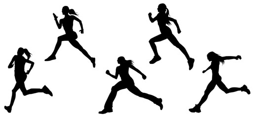 Silhouette collection of sporty female runner in action pose. Silhouette collection of woman in running pose.