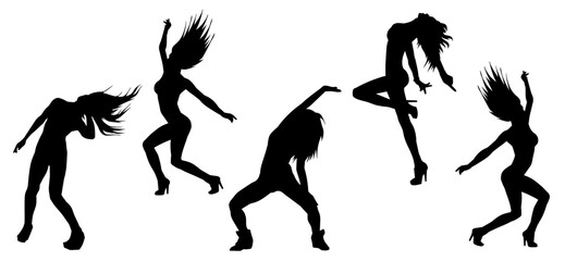 Silhouette collection of female dancer in action pose. Silhouette of slim energetic woman performing dance move.