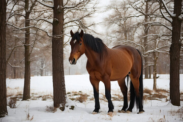 horse standing on snow covered meadow