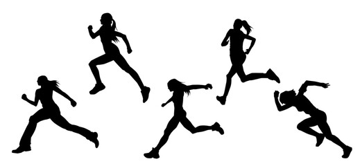 Silhouette collection of sporty female runner in action pose. Silhouette collection of woman in running pose.