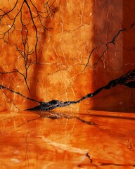 abstract orange marble background with black cracked texture and sun shadow, in the style of product display