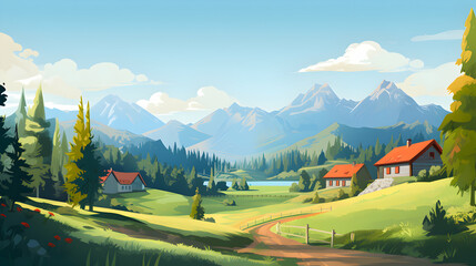 mountains,sky and village houses illustration of a landscape with background,Generative Ai