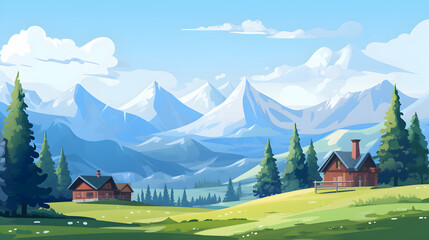 mountains,sky and village houses illustration of a landscape with background,Generative Ai