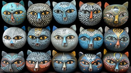 cat masks, cat head painting on black background
