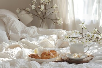 Romantic breakfast in a cozy white and beige bedroom setting for a relaxing morning