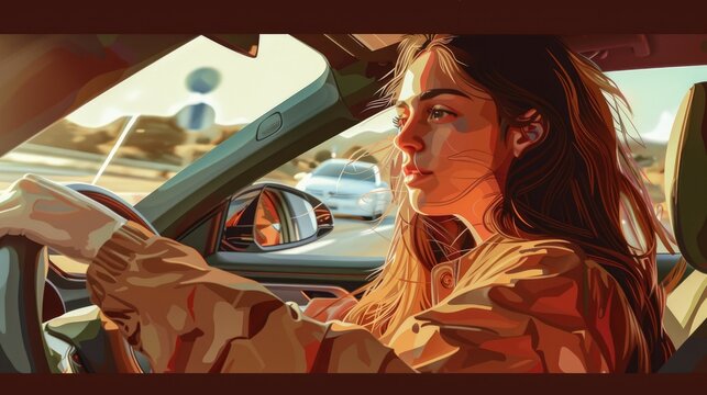 a beautiful young woman is driving her new car, in the style of light orange and dark maroon, photobash, photo-realistic hyperbole, ephraim moses lilien, studyplace, high quality, optical AIG51A.