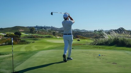 Obraz premium Golfer in midswing teeing off on a tranquil golf course with morning sunlight