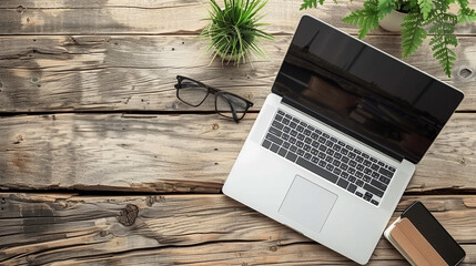 Modern workplace setup open laptop rustic wooden desk. Professional business workspace design