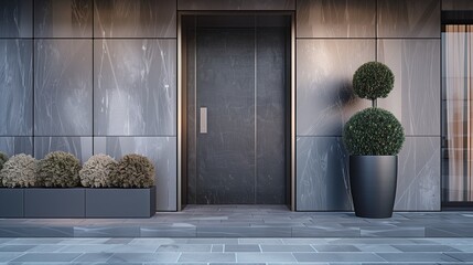 Sleek entrance with a door that changes textures at the touch of a button
