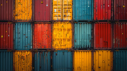 Colorful stacked shipping containers texture industrial freight, grunge aesthetic logistics concept