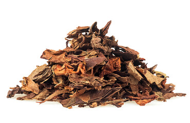 Pile of dried smoking tobacco isolated on a white background. Chopped tobacco leaves.