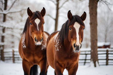 horse standing on snow covered meadow