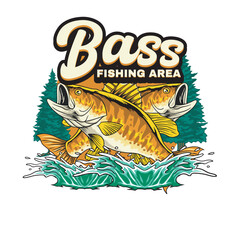 Vector Illustration of Bass Fish and Water Splash with Nature view with Vintage Illustration Available for Tshirt Design