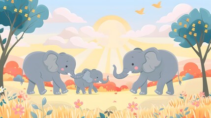 Elephant family enjoying a sunny walk in a colorful whimsical landscape