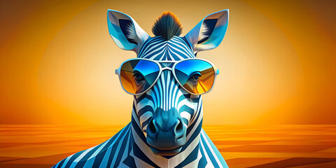 He is wearing stylized blue and white striped zebra sunglasses against an orange background with a digital representation the horizon.The image is vibrant and gives the zebra a cool and modern look.AI
