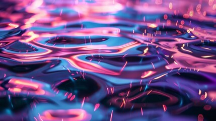 Closeup of rippling liquid mercury reflecting vibrant neon lights