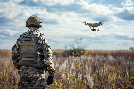 Military Soldier Operating Drones in Open Field