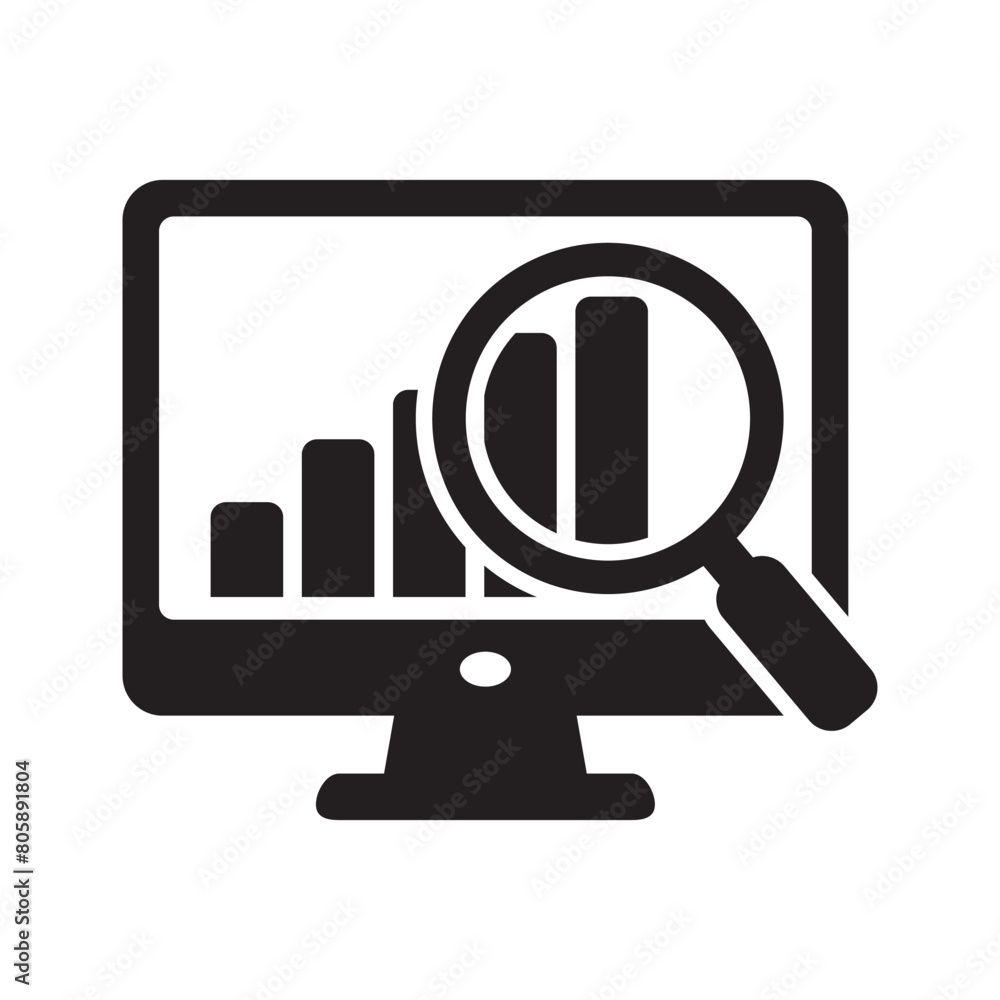 Poster screen with bar chart and loupe icon, computer monitor with report icon, online monitoring icon, sta