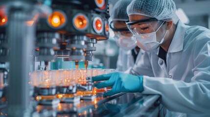 Professional researchers wear protective clothing working in the laboratory.