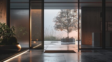 Obraz premium Sleek entrance with a door that reflects the current weather outside