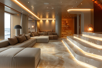 Aesthetic harmony achieved in a hall with a sleek sofa and a striking staircase illuminated by recessed lighting.