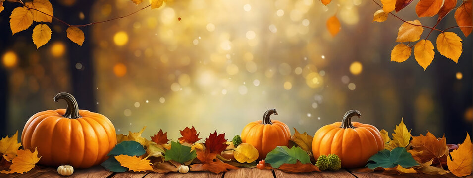 Golden Autumn Banner, Celebratory Background Brimming with Pumpkins, Sunflowers, and Richly-Hued Fall Leaves, Radiating Seasonal Cheer.