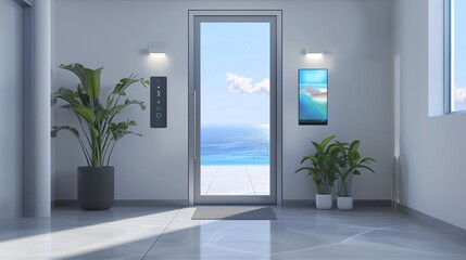 Sleek entrance with a door that features a live feed of the ocean and a smart thermostat