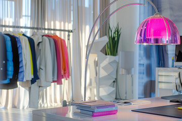 Vibrant magenta glass floor lamp in a chic fashion studio.