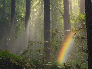 photography of raining in the forest, with morning sunlight creating rainbows Ai Generator