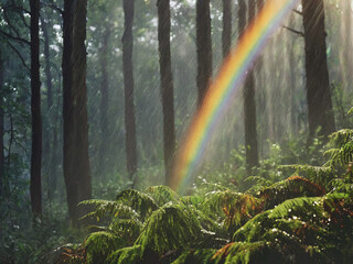 photography of raining in the forest, with morning sunlight creating rainbows Ai Generator