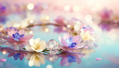 オパール色の花でできたリース、水中に咲く花とクリスタル 、水中の宝石、光の粒、繊細、ガラス 2024

