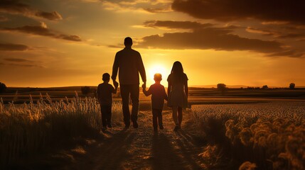 Obraz premium A contented family enjoying a sunset on the field