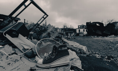 destroyed and burned houses in the city Russia Ukraine war