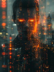 A man wearing suit with glitchy, distorted visual effects and double exposure